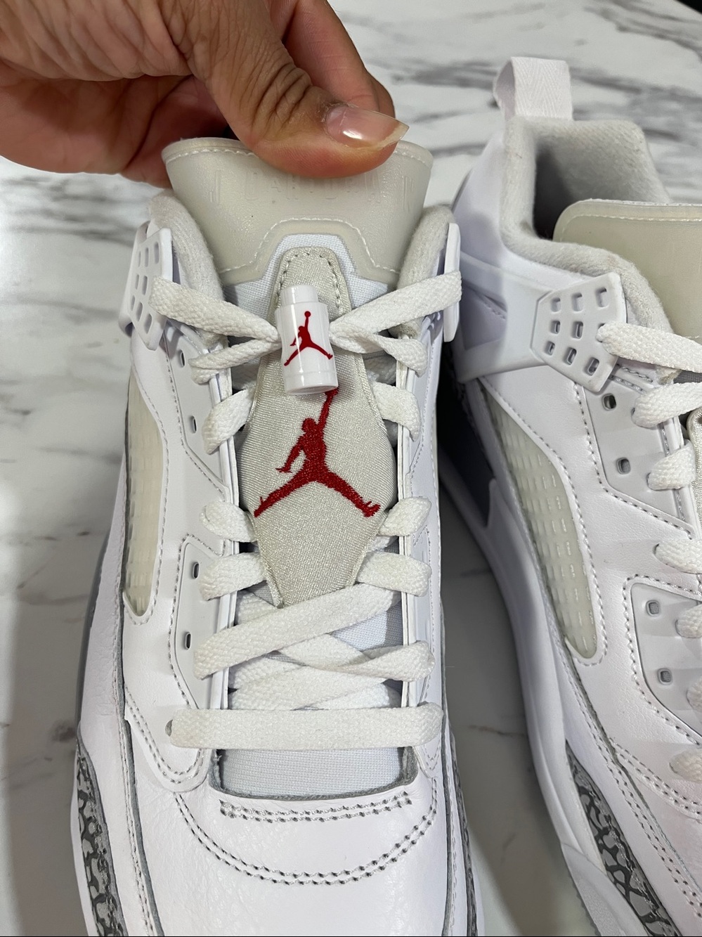 Jordan White Leather Sneakers with Gray Elephant Print and Red Jumpman - Picture 5 of 6